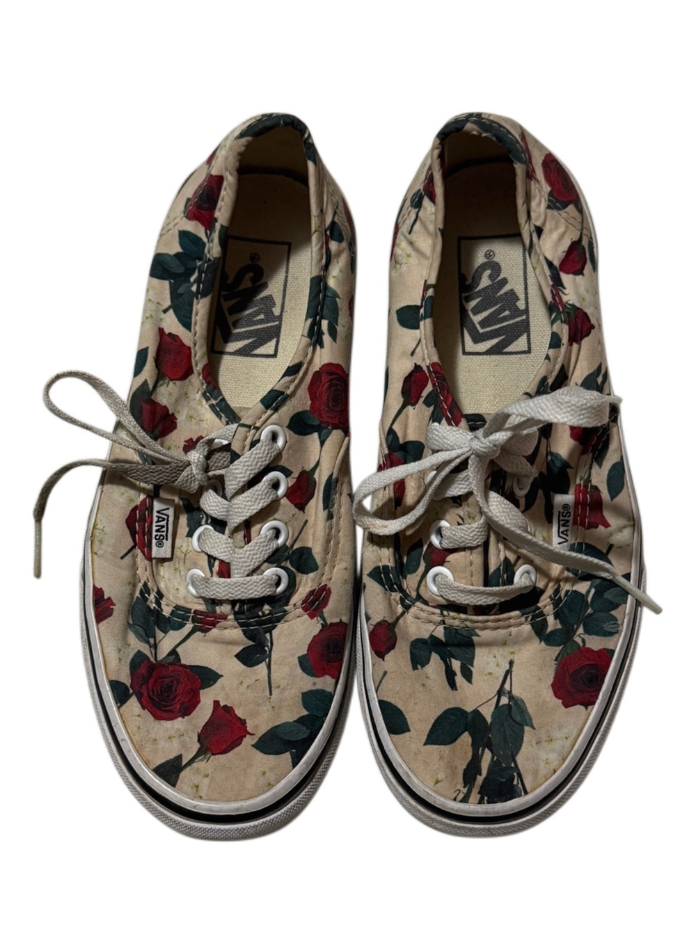 Vans Lo Pro Red Rose Beige Tea Stained Floral Canvas Sneakers Size 7 Women’s